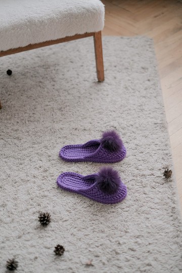 女士鉤針絨球拖鞋 - 居家拖鞋 - 針織鞋