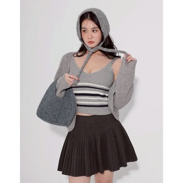 AIR SPACE PLUS  V領條紋背心單扣長袖短版開襟針織衫套裝(粉紅/淺灰) 女裝 現貨 大尺碼 中大尺碼