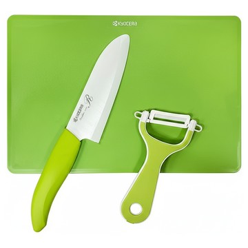 KyOCERa 京瓷 日本京瓷抗菌 超值3件組 刃長14cm 綠色  1組  料理刀 + 削皮器 + 砧板