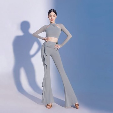 【高品質】📸 新款拉丁舞服上裝女士跳舞蹈訓練功服網紗長袖國標摩登舞上衣