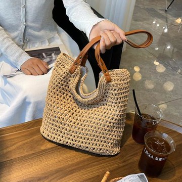 休閑鏤空單肩棉線編織包小號慵懶風手提草編包海邊度假沙灘包女包