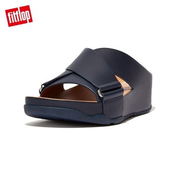 【FitFlop】SHUV LEATHER CROSS SLIDES 簡約造型交叉皮革涼鞋-女(午夜藍)
