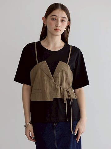 不對稱綁帶背心拼接造型短袖T恤(07000657200) - YECCA VECCA