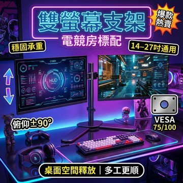 🎮電競桌面救星✨雙螢幕支架 適用14-27吋 桌上型螢幕架 雙臂承重18KG 俯仰±90° 走線整理 超強冷軋鋼結構