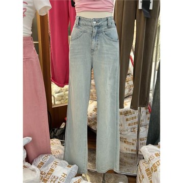 通勤風洗水淺藍做舊休閑牛仔褲