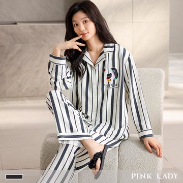 【PINK LADY】雲感棉長袖睡衣 貓語條紋 寬版排釦成套居家服(女睡衣/上衣長褲/V領/簡約/肌理感/秋冬) 35956