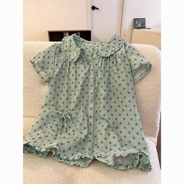 DUYI~夢詩 睡衣女娃娃領綠色波點夏季新款短袖短褲甜美學生家居服套裝可外穿