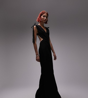 Topshop Tall deep v neck tie shoulder jumpsuit in black