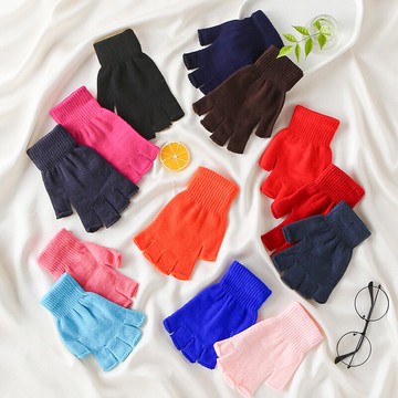 冬季男士黑色加絨半指露指毛線針織保暖防寒手套女士工作學生寫字