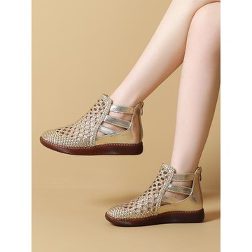 2025春夏新款包頭涼鞋女真皮軟底單鞋大碼編織鏤空洞洞女鞋41一43