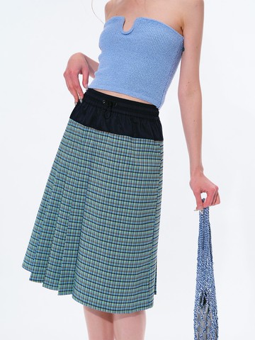 藍綠色精紡格紋 尼龍抽繩拼接百褶裙 通勤半身裙
