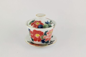 純手繪茶杯-牡丹(三件式蓋杯)-紅花
