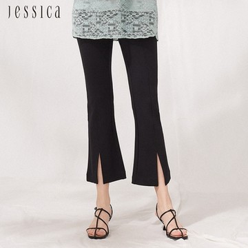 JESSICA - 舒適百搭修身開叉喇叭長褲233121（炭灰色）