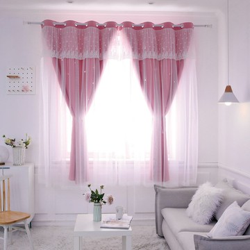 韓式粉色公主少女臥室蕾絲雙層布白紗一體遮光窗簾成品網紅款星星