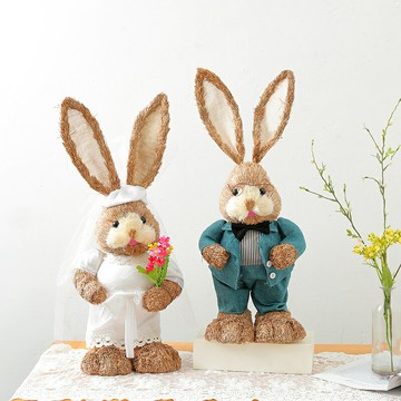 田園森系草編仿真兔子可愛家居擺件婚慶咖啡店花園動物裝飾擺設