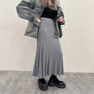 細褶魚尾針織長裙-灰【KT21967】