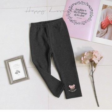 厚款 小熊貼布繡英文麻花灰不倒絨內搭褲 秋冬童裝 女童長褲 女童外出褲 女童褲子 秋冬長褲 刷毛