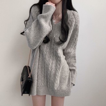 韓版寬鬆V領麻花長版毛衣【W354】