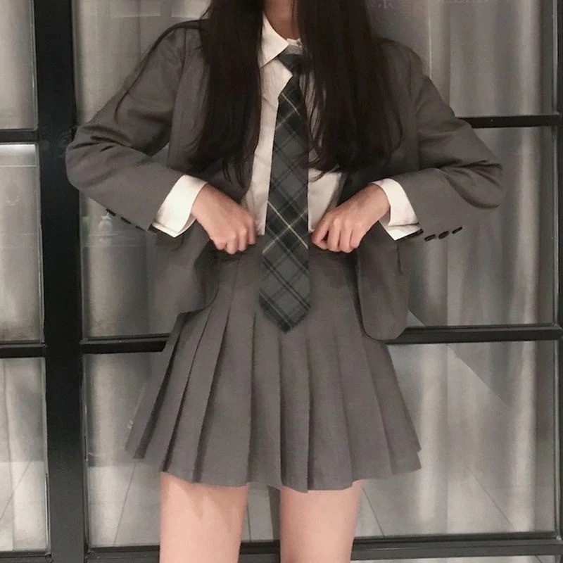 スーツ 韓国 chic復古学院風ネクタイシャツスーツ+プリーツスカートJK ...
