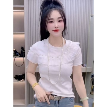 釘珠荷葉拼接T恤女 上衣 T恤 短袖衫 夏季t恤 歐貨設計感釘珠荷葉拼接短袖女夏季新款氣質洋氣修身顯瘦T恤 韓版女裝