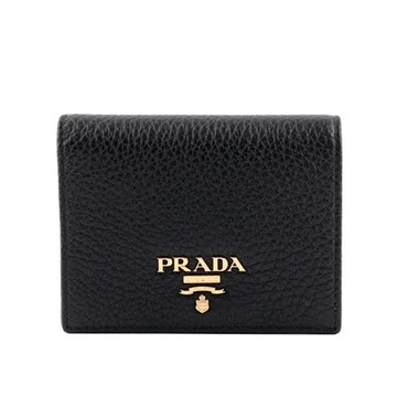 【PRADA】浮雕Logo荔枝皮革二折短夾(黑色)