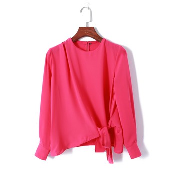 春季新款女裝時尚韓版純色圓領套頭長袖收腰系帶顯瘦襯衫