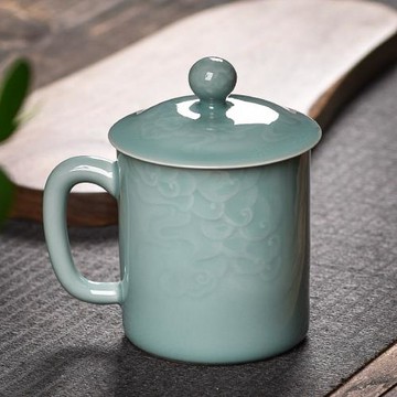 青瓷茶杯家用帶蓋水杯茶具杯高檔老板杯刻花祥云辦公杯會議禮品杯