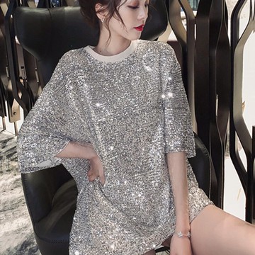 網紅亮片短袖T恤打底衫2020夏季新款寬松中長款韓版蹦迪女裝上衣