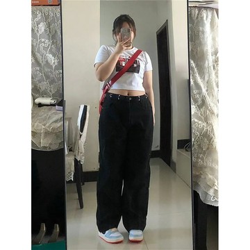 【🍇精選】100公斤可穿 特大碼牛仔褲 胖mm黑色闊腿牛仔長褲女 腰部可調節 顯瘦直筒牛仔褲 大碼牛仔褲 大尺碼長褲