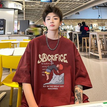 oversize短袖男款夏季潮牌寬松酒紅色t恤情侶青少年嘻哈痞帥上衣