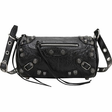 BALENCIAGA 巴黎世家  Le Cagole 小羊皮金屬感揉製肩/斜背圓筒包(黑色)
