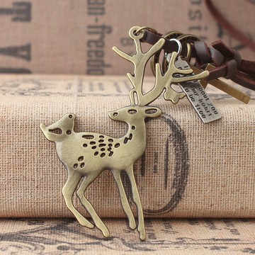 韓國絨皮繩復古項鏈麋鹿吊墜長款毛衣鏈兒童學生時尚潮流服裝配飾