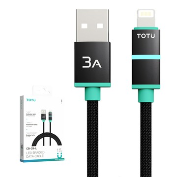 TOTU USB-A TO Lightning快充充電傳輸編織線 冰川藍 LED 3A快充 BlueFlex系列 1.2M 支援iPhone14~8全系列