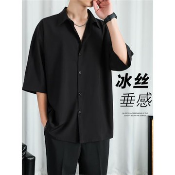 黑色襯衫男長袖夏季寬松高級垂感痞帥休閑冰絲短袖黑襯衣男士外套