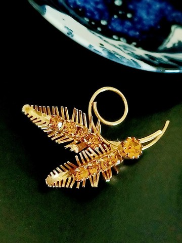 vintage jewelry  古典金黃萊茵鑽羽毛葉 別針 胸針
