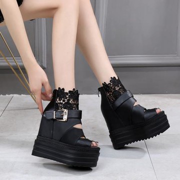 春季新款松糕底魚嘴涼靴內增高鏤空蕾絲高幫厚涼靴底防水臺女鞋