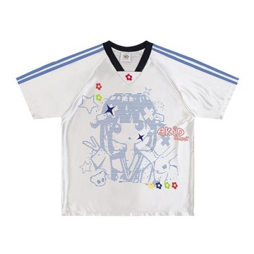 二次元動漫印花球衣短袖T恤女夏季y2k千禧風寬松休閑運動V領上衣