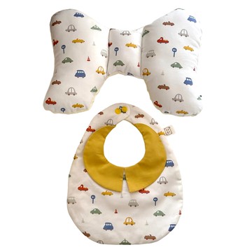 Lianne Baby 韓國有機棉 玩具汽車 嬰兒禮物套裝 (蝴蝶枕+紳士領圍兜)  芥黃  1組  2個