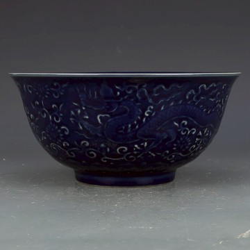 大明宣德祭藍雕龍紋大碗古董古玩收藏真品包老保真老物件瓷器老貨