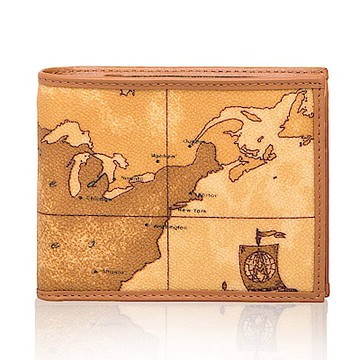 Alviero Martini 地圖包 經典男用 6卡內拉鍊+1照片短夾 皮夾-地圖黃