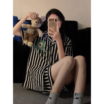 Xuan♥ins黑色條紋高級感睡衣女夏季新款短袖卡通大眼仔夏天家居服套裝