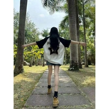夏季新款女生短袖 美式上衣 短袖t恤 短袖上衣 美式高街國潮插肩短袖t恤女 寬松 拼接 撞色 校園風上衣