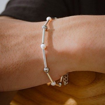 Unisex | 星冕系 - 靜海 * 白珍珠 純銀 不銹鋼 手鍊