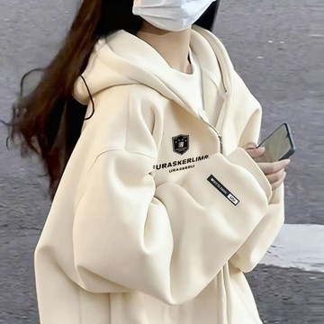 美式秋冬寬鬆慵懶外套女 新款連帽衛衣開衫上衣 拉鍊跑步外套 chic外穿校園帽T