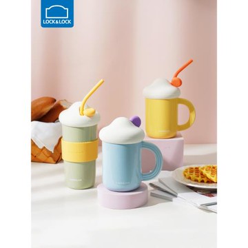 樂扣樂扣馬克杯可愛創意陶瓷水杯吸管喝水杯子多巴胺情侶辦公室女