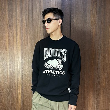 美國百分百【全新真品】Roots 大學T 棉質 休閒 上衣 加拿大 海貍 LOGO 長袖T恤 黑色 CJ03