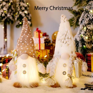 圣誕節新款裝飾品長胡子毛絨帽帶燈拿禮物拐杖魯道夫公仔櫥窗擺件