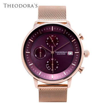 【THEODORA'S】Mercury 太陽能金屬手錶 三眼紅-米蘭玫金【希奧朵拉】