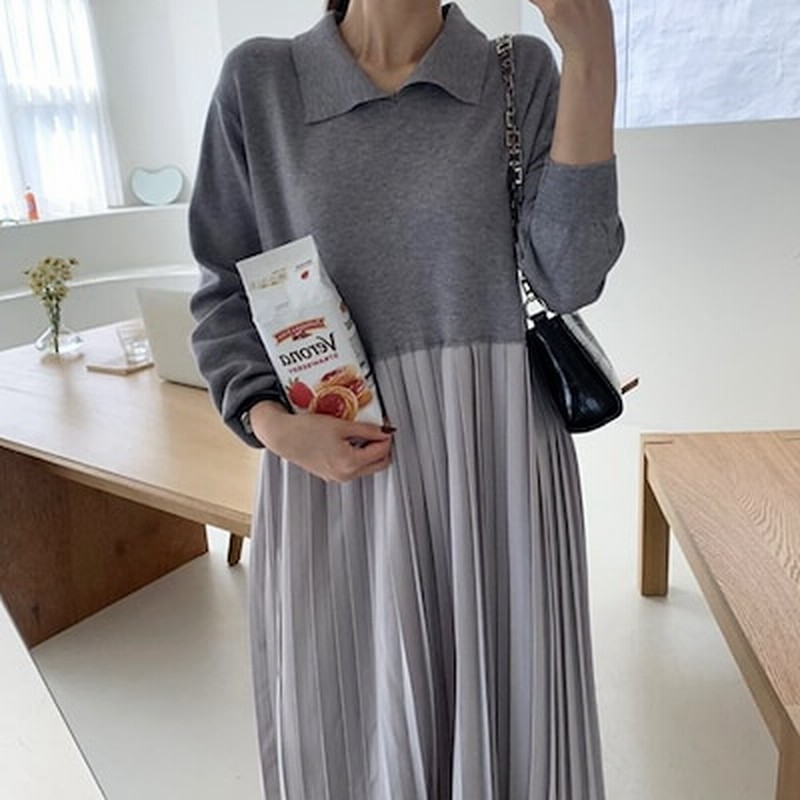 ニット切替ワンピース ロング丈ワンピース 長袖ワンピー プリーツワンピース 韓国ファッション 通販 Lineポイント最大1 0 Get Lineショッピング