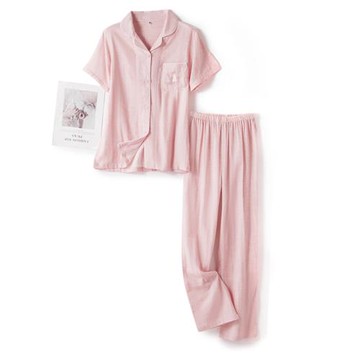 睡衣女夏簡約純色夏季薄款短袖長褲寬松棉紗男大碼純棉家居服套裝